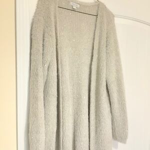 Long heavy knit cardigan sweater shimmery creamy white  XL